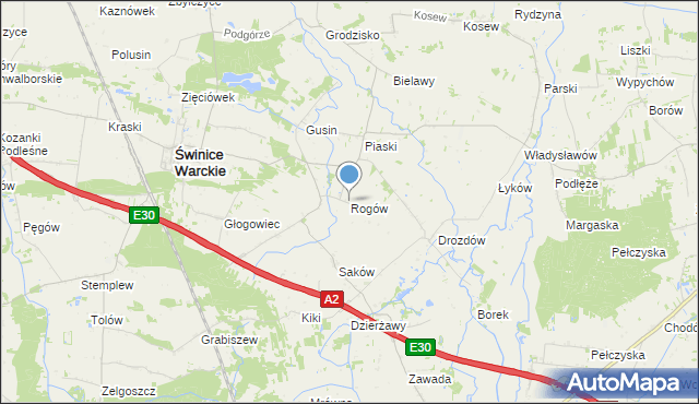 mapa Rogów, Rogów gmina Świnice Warckie na mapie Targeo